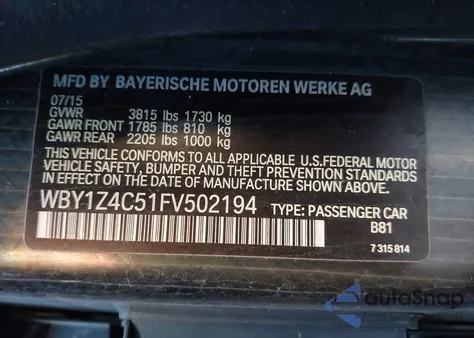 2015 BMW I3 Base W/Range Extender z USA, uszkodzony, nr VIN WBY1Z4C51FV502194